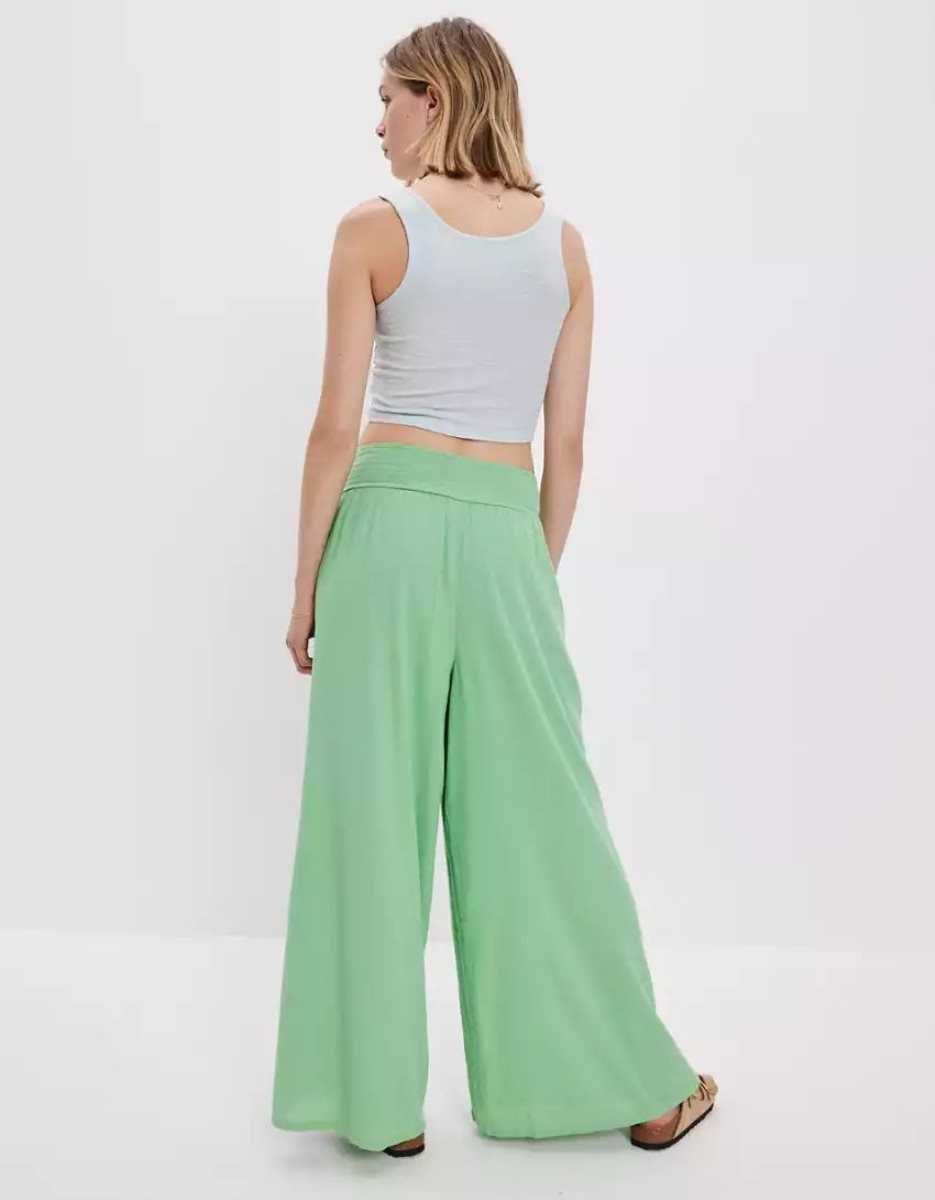 Pantalon American Eagle AE Super High-Waisted Smocked Larges-Leg Vert Femme | NQE-42140219